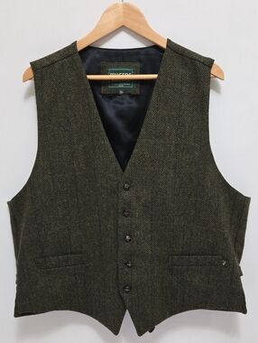 Mucros Weavers Workshop Wool Vest Mens XXL Ireland Herringbone Olive Waistcoat